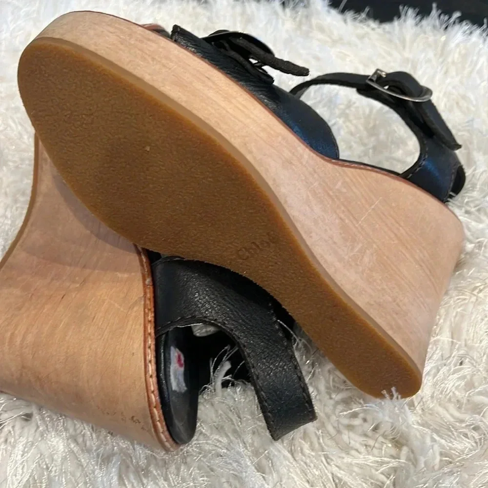 Chloe Black Leather Wooden Wedge Heel